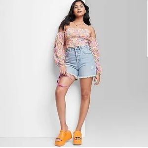 2pc Women's High-Rise Cutoff Midi Jean Shorts - Wild Fable Medium Wash 16 & Top